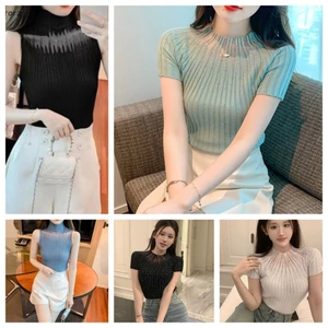 Basa Mùa Hè Hàn Quốc Nửa Cổ Rùa Rỗng Dệt Kim Áo Vest Nữ Màu Trơn Không Tay Slim Top BASD