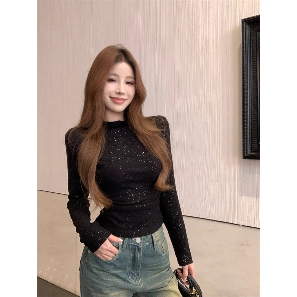 Milyfashion Thu Đông Ấm Áp Đức Nhung Nửa Cổ Cao Sáng Bóng Dài Tay T Slim-Fit Ôm Hơn Nhìn Ngắn Bên Trong Đáy Áo Sơ Mi