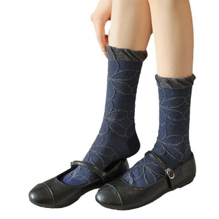 [Tất Nữ oklife] Tất Cotton Giữa Ống Thu Đông Tất Nữ Màu Xanh Series Retro Hoa Cọc Tất