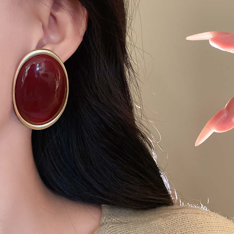 [Jewbeauty] Bông tai hình bầu dục kim bạc phong cách cổ điển, đỏ Encore, thu đông nữ