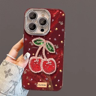 Phim Bảo Vệ Ống Kính Lấp Lánh 3D Đính Hạt Anh Đào Đỏ Hoa Wrsit Dây Xích Điện Thoại Dành Cho iPhone 17Promax 12 13 Promax 11 14 15 16 Pro Max Nữ Vỏ Di Động