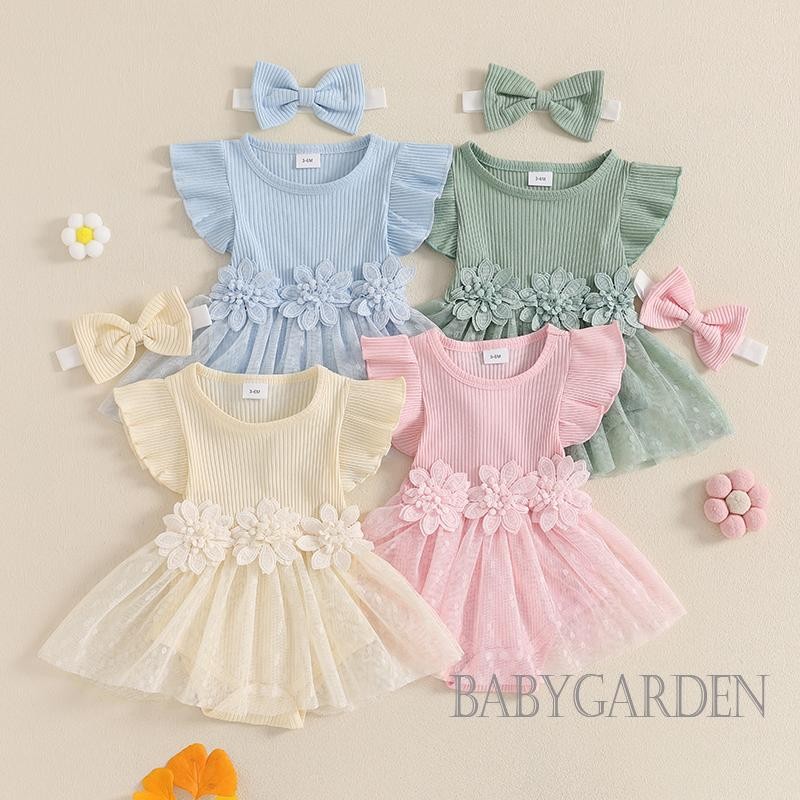 / / -Baby Girl Lưới Hem Tay Ngắn Cổ Tròn Hoa Miếng Dán Màu Trơn Dễ Thương Romper Đầm Có Nơ Băng Đô Mùa Hè