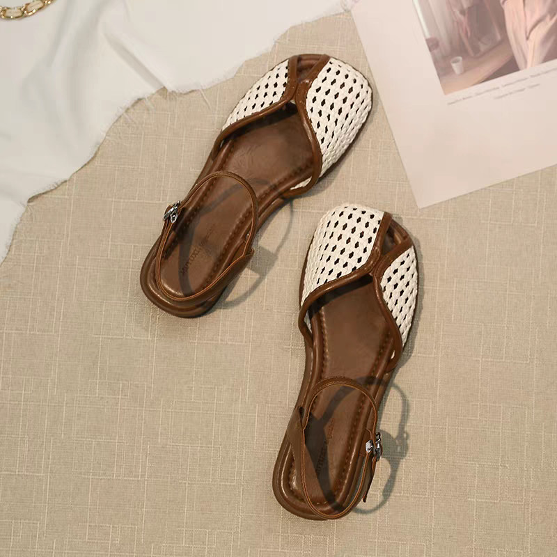 Atikota La Mã Sandal Retro Đế Bằng Cho Nữ Bện Cắt Ra Nửa Gói Giày Mùa Hè Thoải Mái