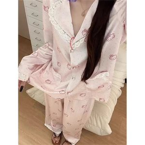 Bộ đồ ngủ ren chấm bi ngọt ngào Hello Kitty dành cho nữ Xuân hè Bộ đồ dài tay mới [BL]