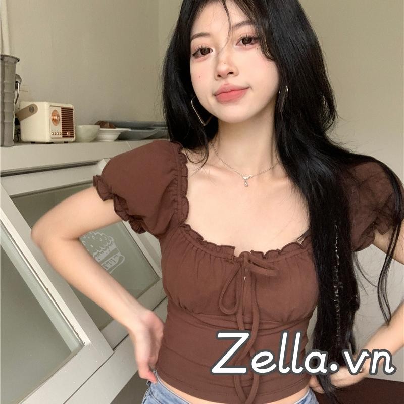 Phụ Nữ Dễ Thương Crop Áo Thun Thường Ngày Mùa Hè Màu Trơn Dây Rút Ruffle Cơ Bản Áo Tay Ngắn
