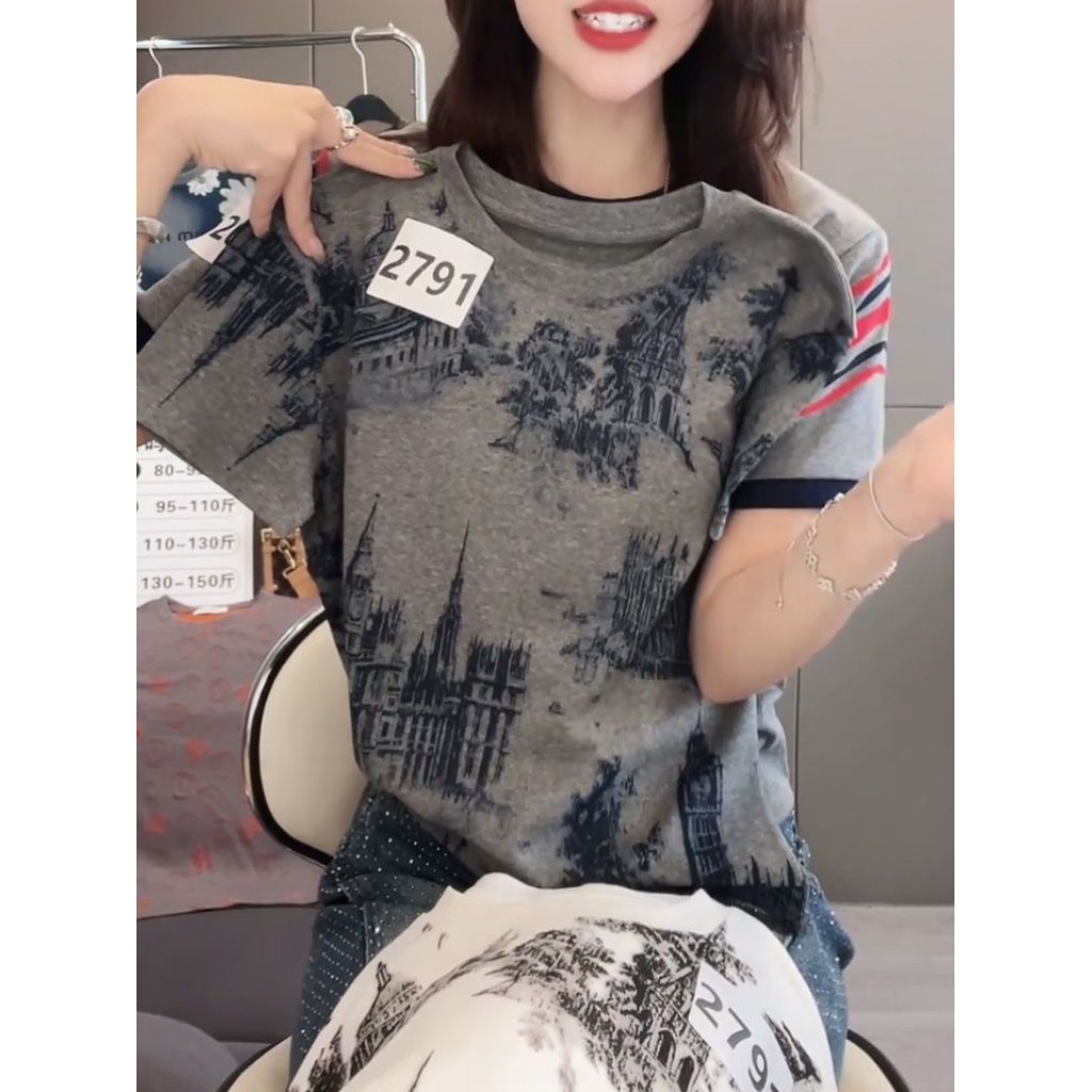Áo thun nữ chữ cái mùa hè 2025 retro in mới giảm béo thời trang dáng rộng thường ngày chắp vá hàng đầu