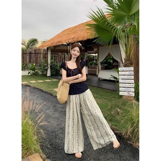 Quần ống rộng chống nắng hoa cho phụ nữ, mùa hè mỏng, rộng rãi, tôn dáng, quần chân thẳng A-line cỡ lớn