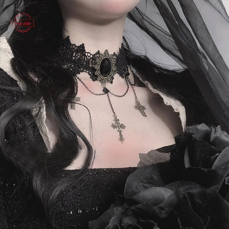 Cuộc diễu hành Gothic Chokers Có Thể Điều Chỉnh Ren Vòng Cổ Choker Có Thánh Giá Vintage sel Dây Xích Nữ Steampunk Trang Sức Halloween Trang Phục Halloween VN