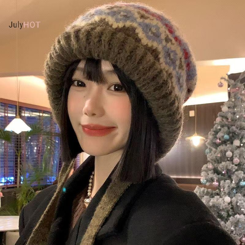 Julyhot 1 Bảo Vệ Tai Thu Đông Phong Cách Đường Phố Mũ Dệt Kim Nữ Retro Kép Sử Dụng Túi Len Ấm Áp Mũ Massivedeals