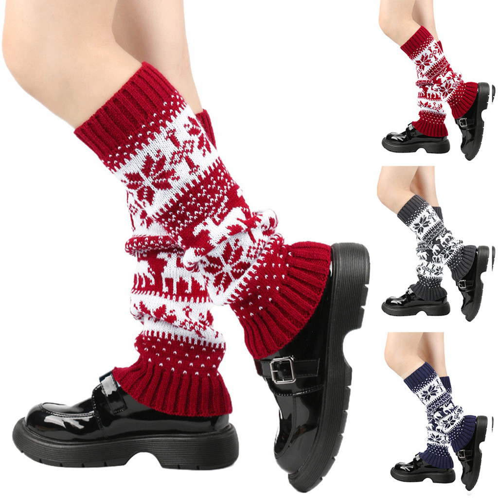 Codstore _ 1 Cặp Vỏ Bê Mùa Đông Dệt Kim Chống Trơn Trượt Phong Cách Giáng Sinh Độ Đàn Hồi Cao Nai Sừng Tấm Bông Tuyết Jacquard Piled Tất Dày Mặc Hàng Ngày Thể Thao Đi Chơi Chân Ấm