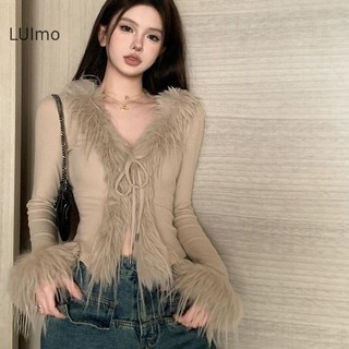 Luimo Hàn Quốc Hot Girl Furry Cổ Chữ V Tay Dài Không Đều Mỏng Áo Len Ngắn Cardigan SBS