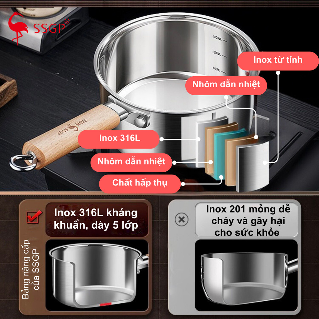Quánh inox 316L Berlin Classic SSGP  nấu cháo, nấu bột, trẻ em , nấu mì hàng chính hãng
