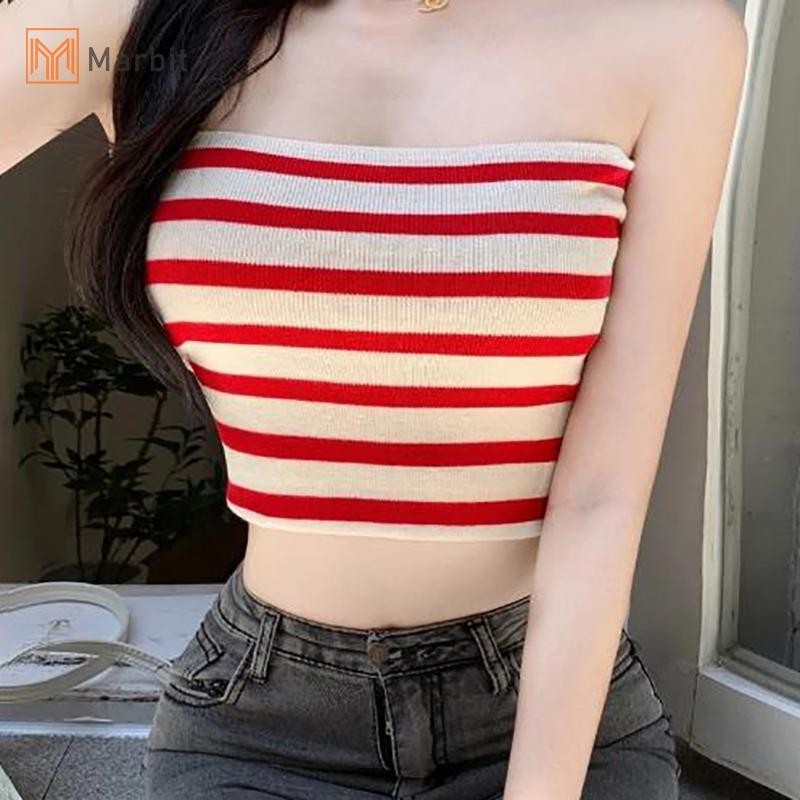Marbit Mùa Hè Sọc Dệt Kim Camisole Nữ Gợi Cảm Không Tay quây Ôm Crop Top Mới