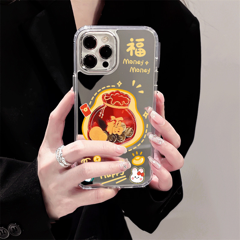Năm Mới Đồng Xu Vàng Túi May Mắn Vỏ Gương Cho Google Pixel 10 9 Pro XL 9A 8 Pro 8A 7 Pro 7A 6A 5 XL 4 4A 5A 3A Vỏ Mềm Chống Sốc Làm Giàu Vỏ Điện Thoại
