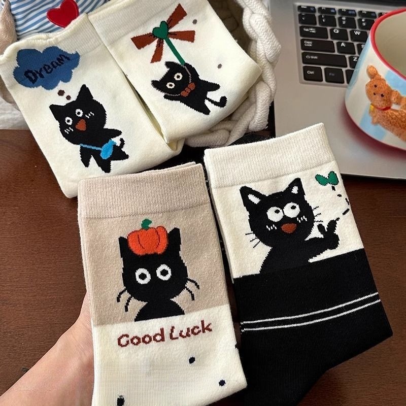 Mùa Thu Đông Thời Trang Nữ Dễ Thương Giữa Ống Tất Cotton ins Hoạt Hình Mèo Độc Đáo Chấm Bi Sinh Viên Ngộ nghĩnh Thường Ngày Tất Cọc
