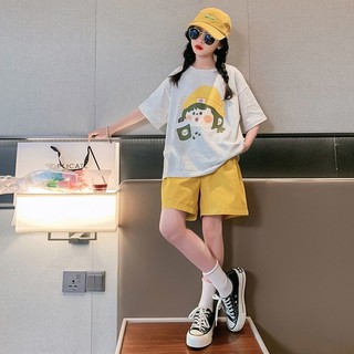 Bộ đồ thể thao bé gái mùa hè hình hoạt hình dễ thương – Áo thun tay ngắn + quần short rộng rãi thoải mái