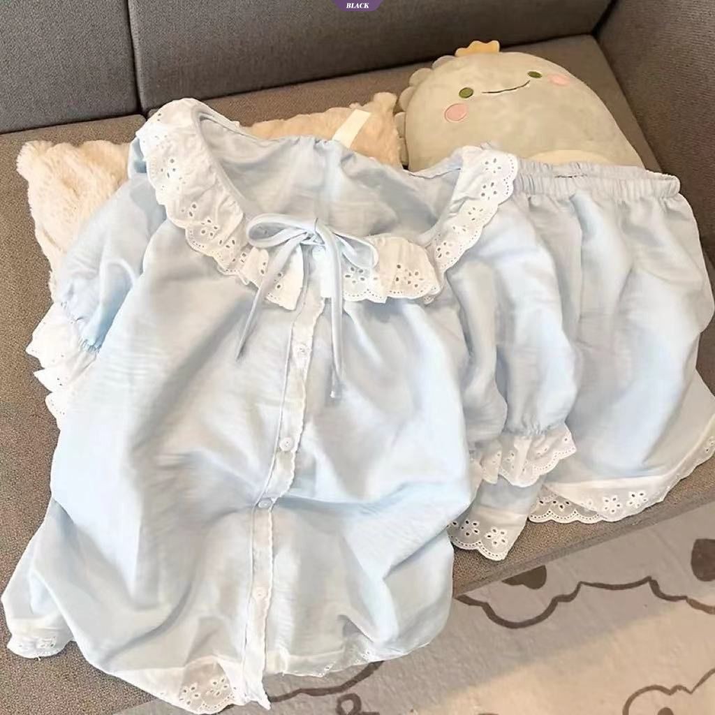 Bộ Đồ Ngủ Phong Cách Công Chúa Nữ Mùa Hè Mới Quần Short Tay Ngắn Ren Ngọt Ngào Học Sinh Bộ Đồ Gia Đình Giá Trị Cao [BL]