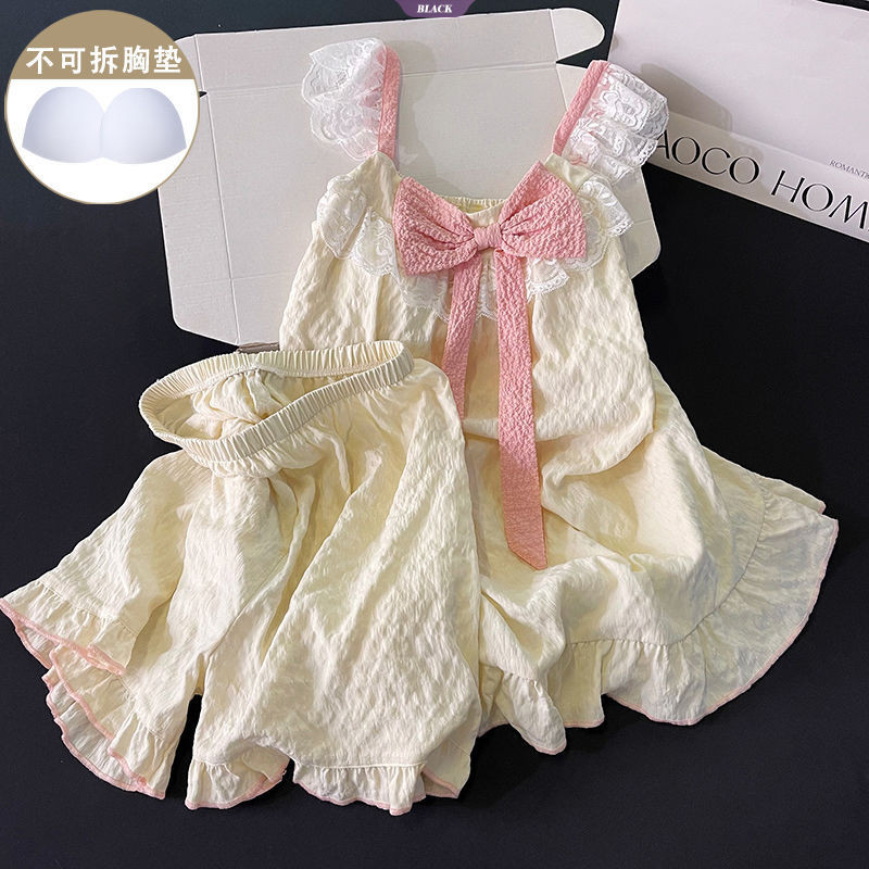 Nơ Hồng Có Miếng Lót Áo Ngực Bộ Đồ Ngủ Nữ Mùa Hè Ren Ngọt Ngào Gợi Cảm Quần Short Homewear Suit [BL]