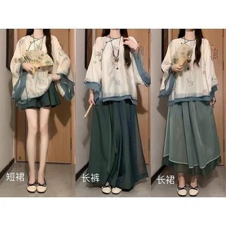 Mới Phong Cách Trung Quốc Phù Hợp Với Cổ Điển Phong Cách Trung Hoa Nữ Tính Hàng Đầu Zen Hai Mảnh Bộ Mùa Hè Cao Cấp Viền Váy In-la