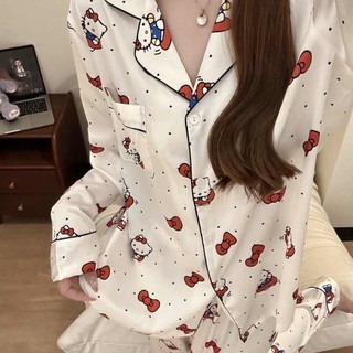 Bowknot kitty cat Phong Cách Hàn Quốc ins Bộ Đồ Ngủ Dễ Thương Nữ Xuân Thu Quần Dài Tay Mới Quần Áo Nhà Có Thể Mặc Bên Ngoài