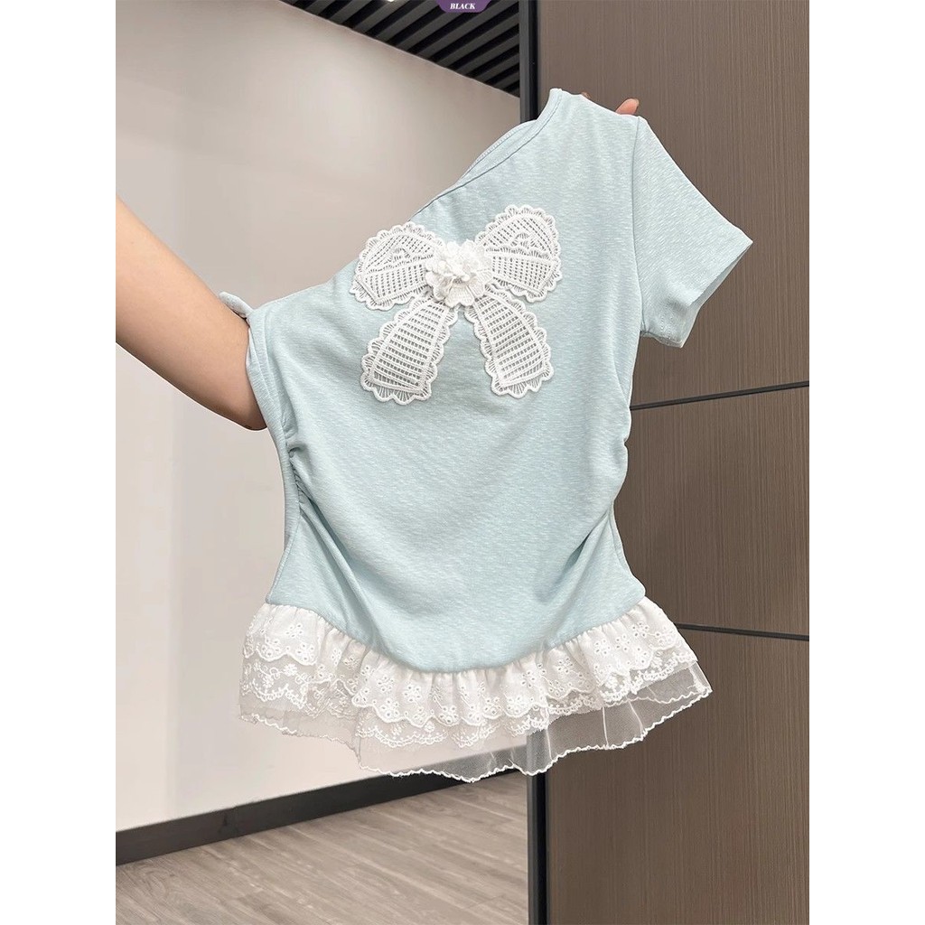 Ngọt Ngào Slant Vai Ren Áo Thun Nữ Mùa Hè Mới Ôm Nơ Thiết Kế Sense Niche Top Tide [BL]