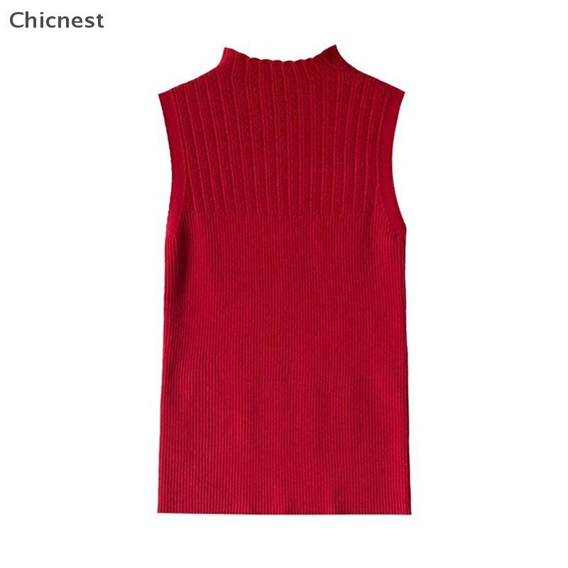 [Chicnest] Mùa hè Retro Nửa Cổ Rùa Dệt Kim Top Nữ Màu Trơn Không Tay Slim Vest Boutique