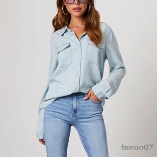 Áo Sơ Mi Nữ Denim Màu Trơn Xoay Cổ Dài Tay Jean Áo Mùa Xuân Rời Áo Dạo Phố