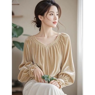 Độc Đáo Đẹp Năm nay Phổ Biến Ánh Sáng Đẹp Sang Trọng Giảm Tuổi Phong Cách Phương Tây Mai Vàng Nhung Áo Sơ Mi Nữ Thu Đông 24.12.4