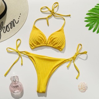 Đồ Bơi Nữ Màu Trơn Đan Dệt Sọc Dây Hai Mảnh Bikini Đồ Bơi