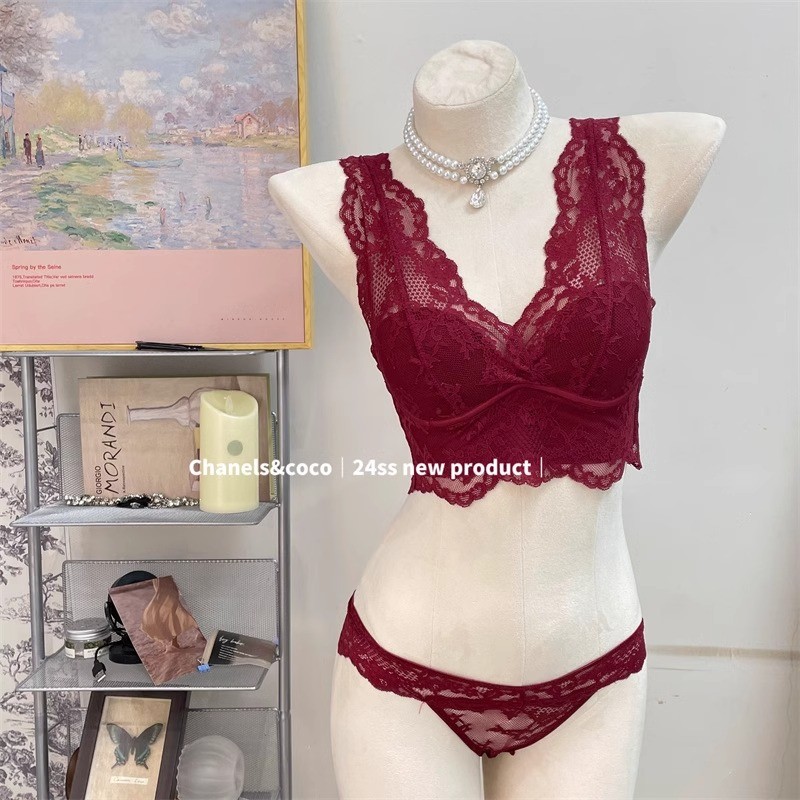 Bộ Đồ Lót Ren Đỏ Nữ Phong Cách Pháp Không Dây Lưng Đẹp Áo Cưới