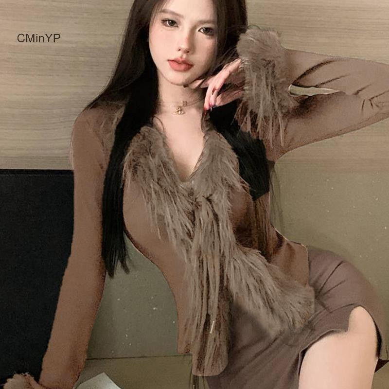 Cminyp Hàn Quốc Hot Girl Furry Cổ Chữ V Dài Tay Không Đều Mỏng Áo Len Ngắn Cardigan Glory