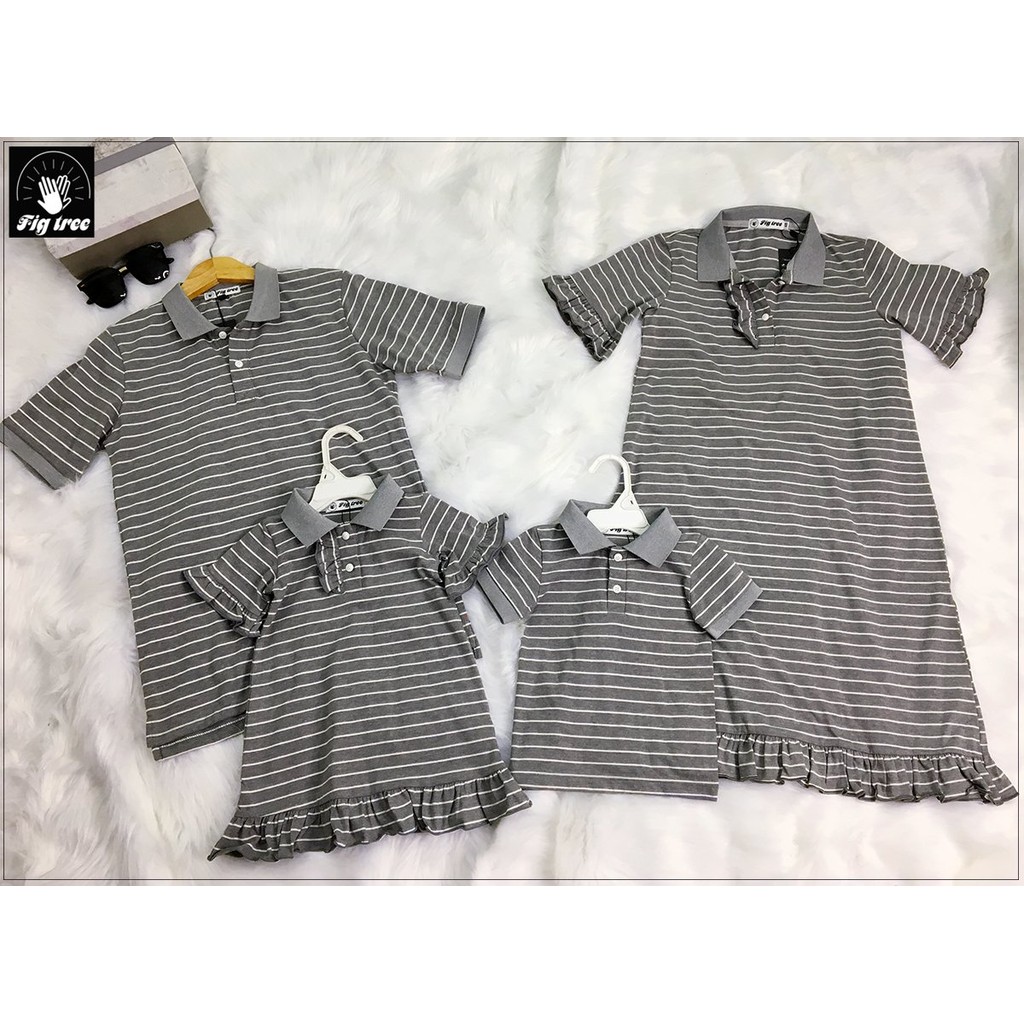 Combo Gia Đình Fig Tree Thun Polo Sọc Xám Ghi Cotton Mát Mẻ Cho Mùa Hè