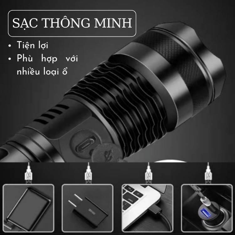 Đèn Pin LED Sáng,Type-C Có thể sạc lại 4 chế không thấm nước Thích hợp cho câu cá và trại ngoài trời