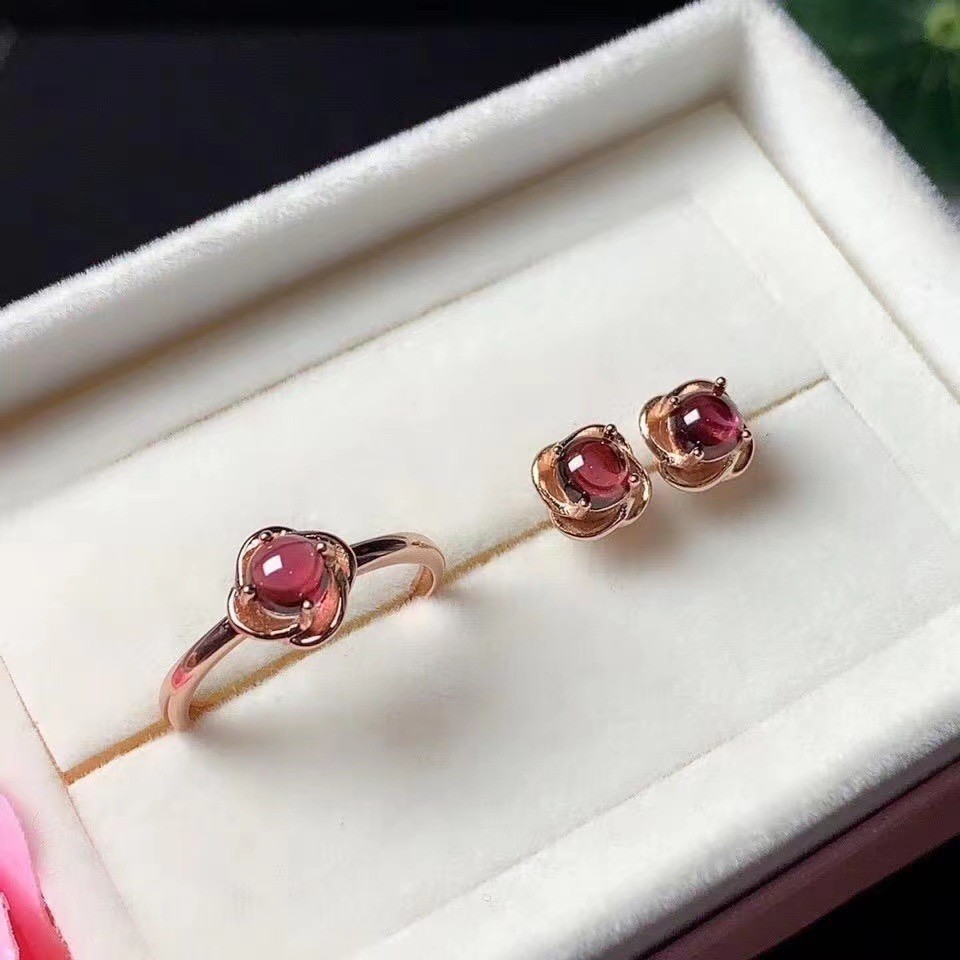 Nhẫn Garnet Tự Nhiên Retro Thời Trang Độc Đáo Có Thể Điều Chỉnh Nhẫn Bông Tai Nữ