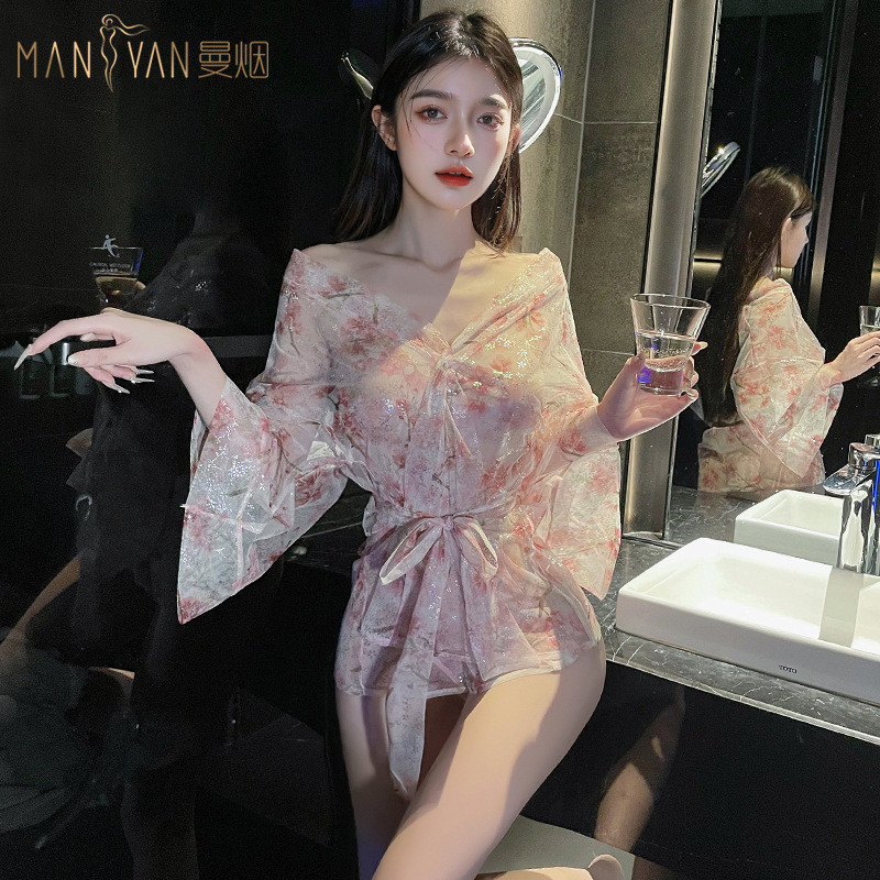 Đồ lót sexy, áo cardigan sâu V không vai, áo choàng kimono in lá vàng trong suốt