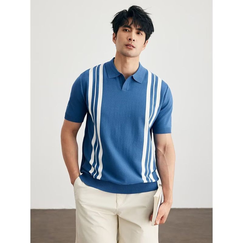 ThaliaWisp Sọc Colorblock Mùa Hè Băng Lụa Đan Áo Sơ Mi Polo Tay Ngắn Cho Nam