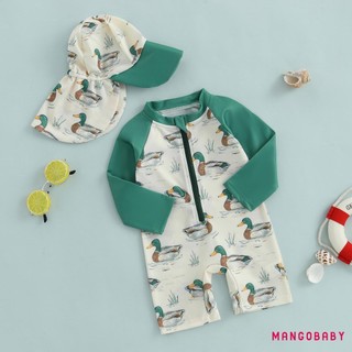 MG-Toddler Boy Rash Guard Đồ bơi có mũ 2 chiếc Bộ họa tiết vịt có khóa kéo dài tay cổ tròn Đồ bơi bé trai