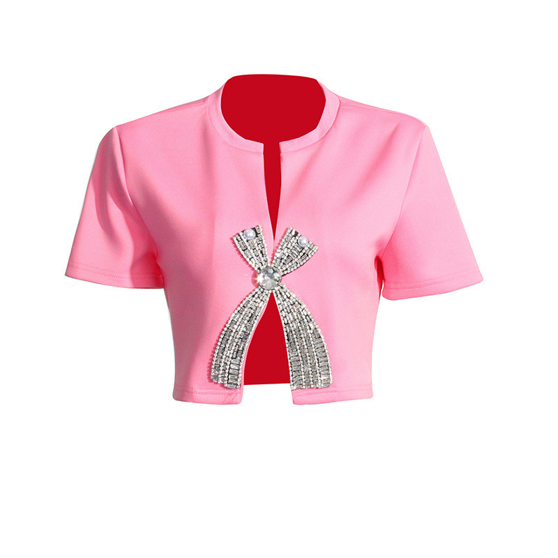 Áo thun ngắn tay nơ đính kim cương đơn giản thời trang 2025 Phong cách mới Hợp thời trang Niche Style All-Match Women 's Split Top