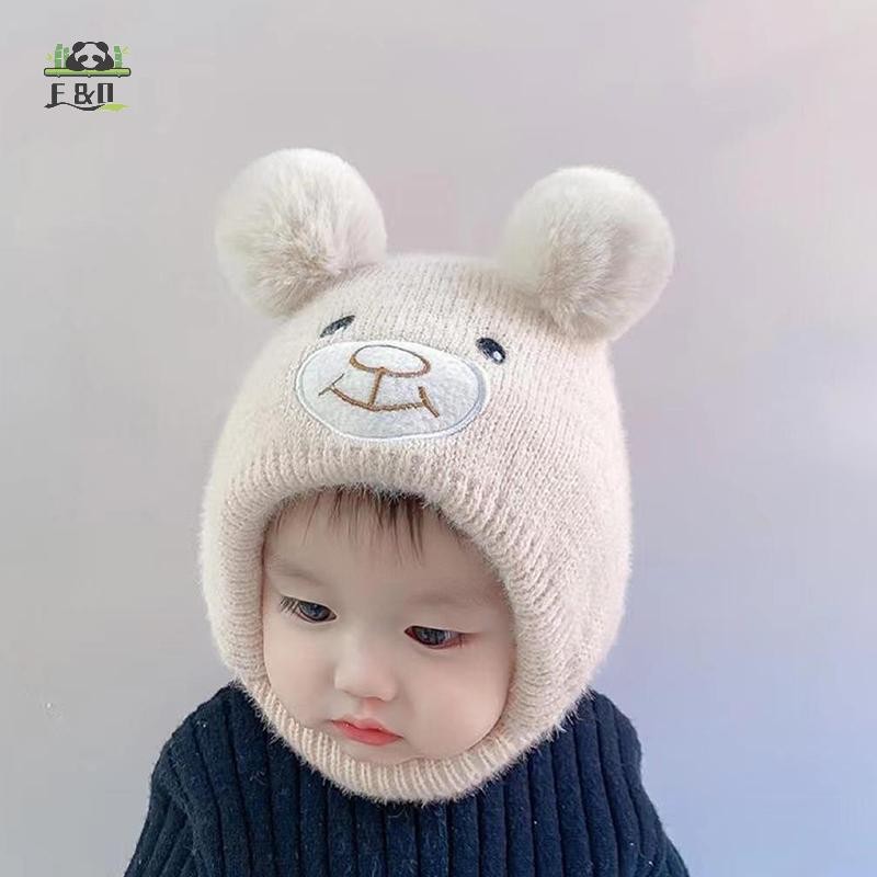 [SHNZDD] Bò Gấu Dễ Thương Cho Bé Hoạt Hình Mũ Dệt Kim Ấm Áp Thu Đông Trẻ Tập Đi Mũ Bảo Vệ Tai EMKK