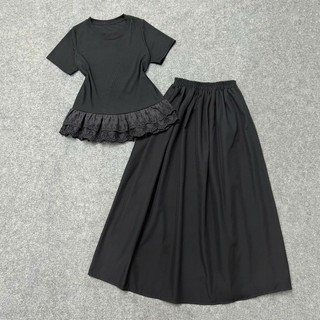 Set đồ bigsize 2 món áo thun ngắn tay viền ren bèo  phối chân váy dáng dài xòe che khuyết điểm  SET A281+CV15