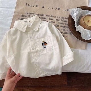 Áo sơ mi dài tay cho bé trai và bé gái mẫu mới xuân thu Áo sơ mi cổ bẻ thêu hình gấu trẻ em phong cách Hàn Quốc