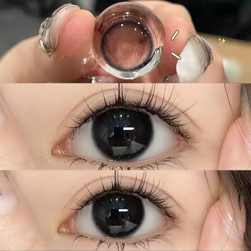 Set 2 Kính Áp Tròng Màu Đen contact lenses 0 ~-8.00 black len 14.2mm lens cận lens nâu bean black 007