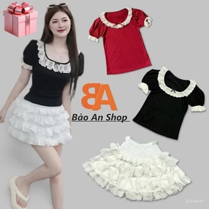 Sét bộ nữ 2 món áo thun ôm body croptop tay ngắn viền bèo tiểu thư và chân váy ren