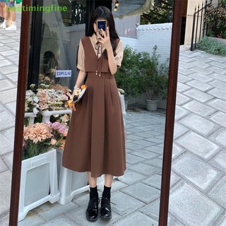 Onetimingfine Chữ A Đơn Giản Giả Hai Miếng Đầm Thời Trang Hàn Quốc Preppy Phong Cách Mùa Hè Vintage Nữ Đầm Maxi VN