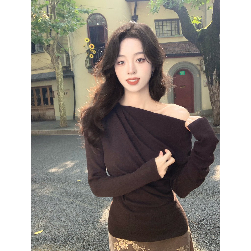 Suxi Casual Màu Trơn Đơn Giản Một Cổ Tắt Vai Slim Fit Áo Thun Dài Tay Nữ Top 241213