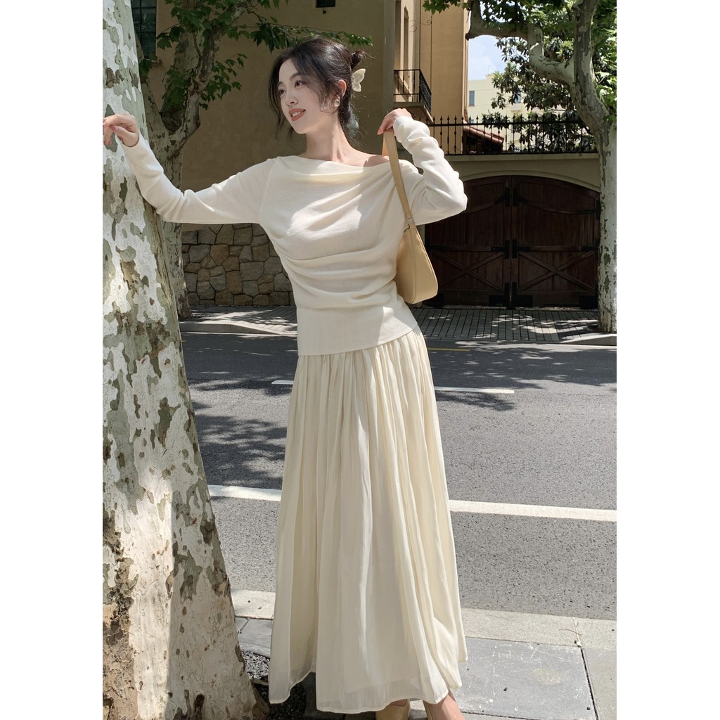 Suxi Casual Màu Trơn Đơn Giản Một Cổ Tắt Vai Slim Fit Áo Thun Dài Tay Nữ Top 241213