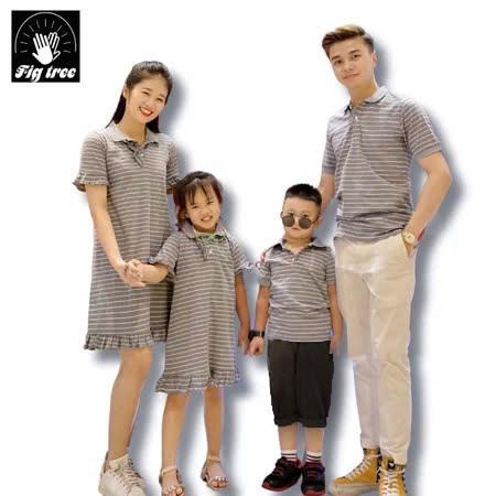 Combo Gia Đình Fig Tree Thun Polo Sọc Xám Ghi Cotton Mát Mẻ Cho Mùa Hè