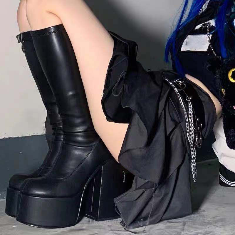 Bốt Nữ Đế Dày Phong Cách Punk Gothic Cao Gót Trên Đầu Gối Dự Tiệc Thời Trang Size Lớn