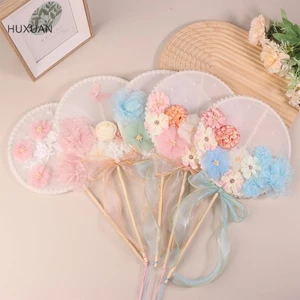 Huxuan Tay Cầm Dài Trung Quốc Quạt Tròn Vải Hoa Cô Dâu Cưới Tiếp Liệu Đạo Cụ Chụp Ảnh Trang Trí Nhà Cửa Ornamen RFT