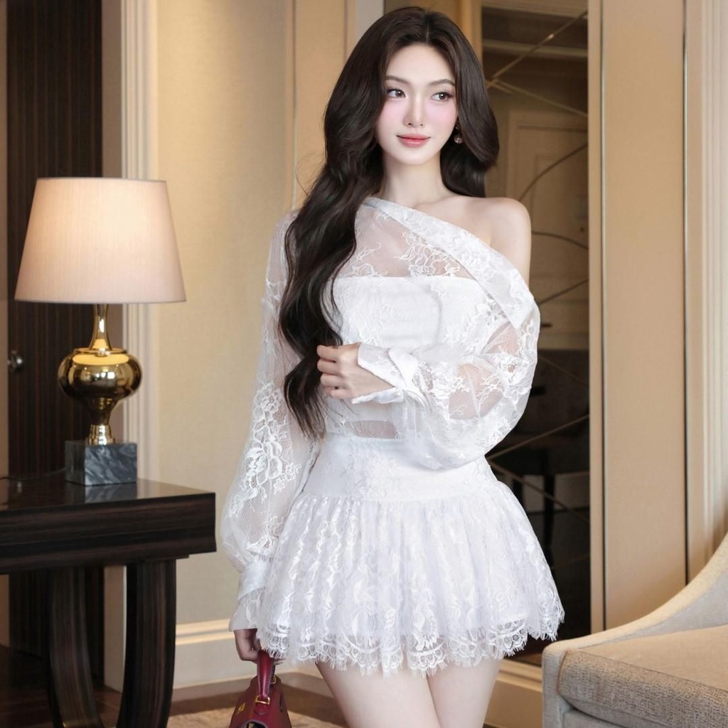 Set Khiết ren lệch vai váy dáng xoè trẻ trung thanh lịch KS108A